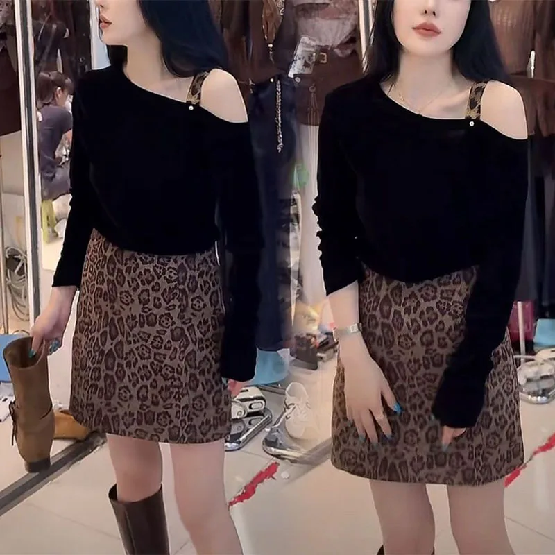 

American Large Size Anti-Aging Set Skirt Women Autumn Winter Slant Collar Slim Long Sve High Waist Leopard Print f Skir...