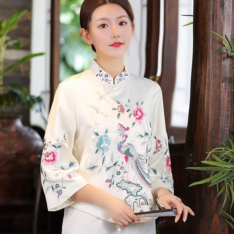 Spring and Autumn Ethnic Style Tang Suit Coat Retro Embroidery Button Chinese Top Women\'s Top Elegant Loose Blouse