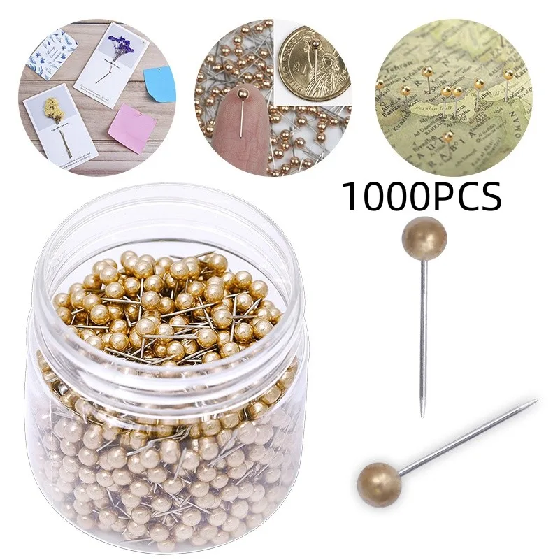 MIUSIE 1000PCS 4mm Map Tacks Push Pins with Gold Round Head Steel Point for Bulletin Board Fabric Marking Push Pins with Box