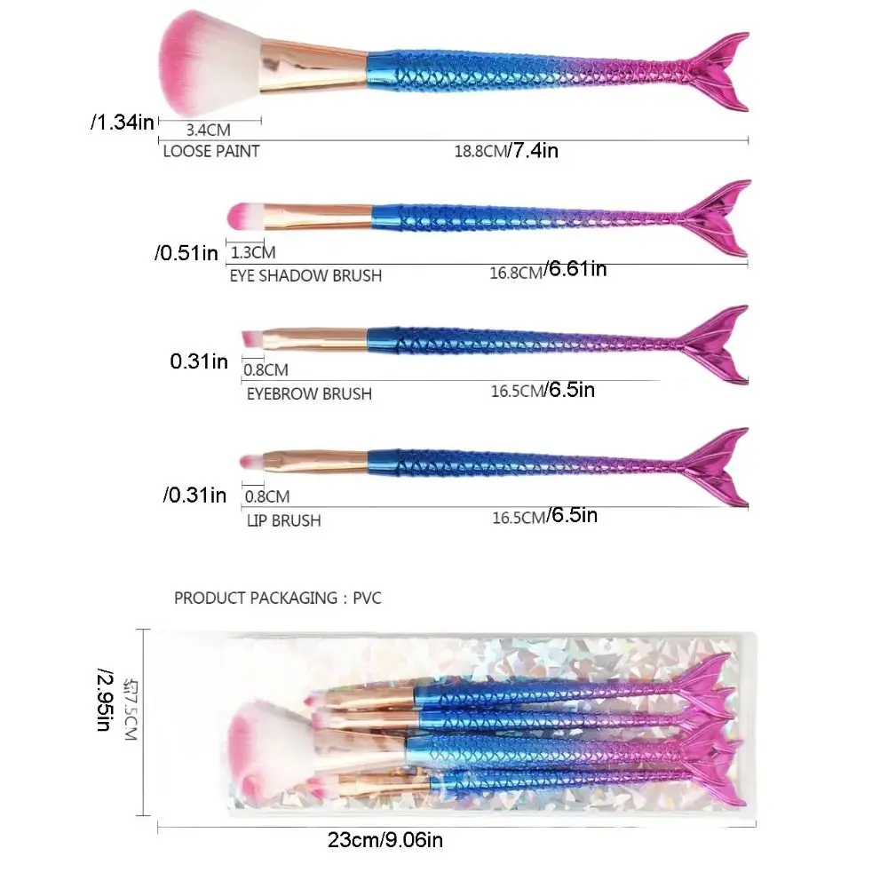 루즈 파우더 브러쉬 인어 메이크업 브러쉬, 부드러운 섬유 아이 섀도우 브러쉬, 눈썹 아이라이너 브러쉬, 블러쉬 페이셜 메이크업 도구, 세트당 4 개