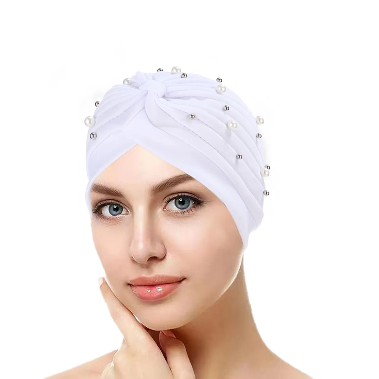 Fashion Pleats Pearl Hijab Cap for Ramadan Solid Color Indian Hat Muslim Head Wrap Women Turban Bandana Bonnet