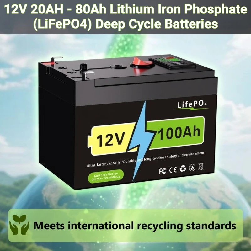 

12V 20AH - 80Ah Lithium Iron Phosphate (LiFePO4) Deep Cycle Batteries for Solar Energy, Fish Finder, and Power Wheels