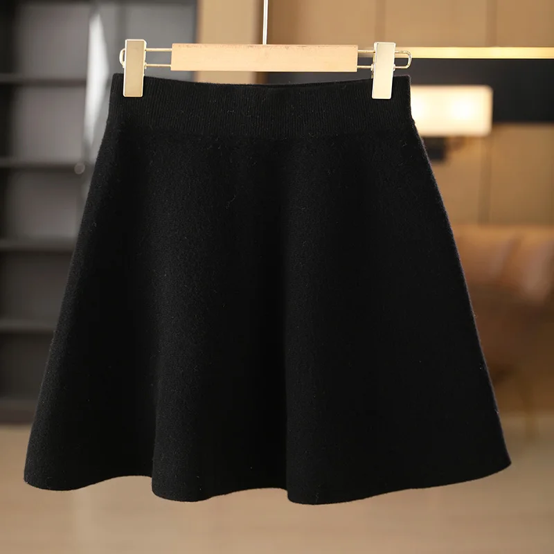 New Spring Women Mini A-Line Wool Skirt Autumn Winter Elastic Waist Skirt 100% Merino Wool Knitted Above Knee Preppy Style Skirt