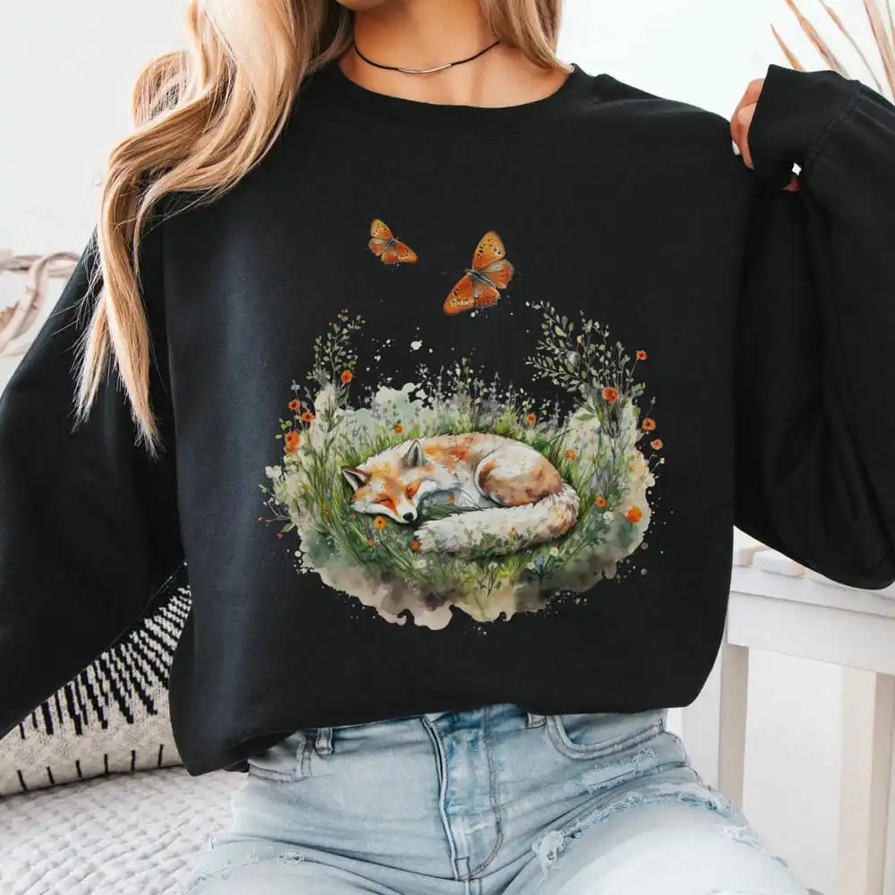 เสื้อสเวตเชิ้ตแขนยาวลายสุนัขจิ้งจอกน่ารักสไตล์คอทเทจคอร์ ผ้าฟลีซนุ่มสบาย แนววินเทจ ตลก ทันสมัย สไตล์ลำลอง Y2K เสื้อสตรีทแวร์