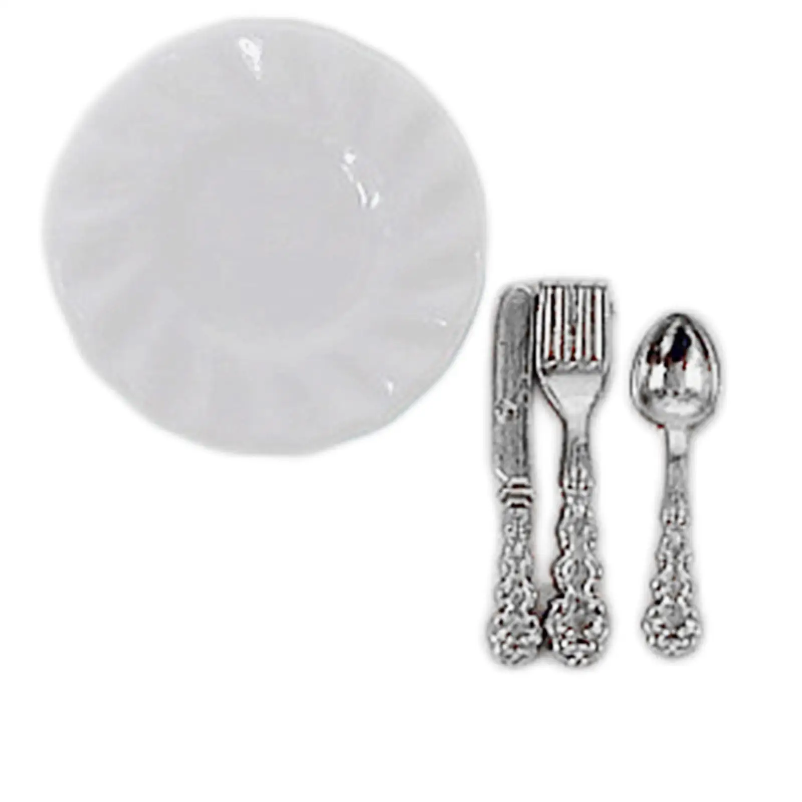 Realistic Dollhouse Plate Miniatures Cake Stand Spoon Set Ceramic Alloy Tableware for Miniature Kitchen Dining Scene