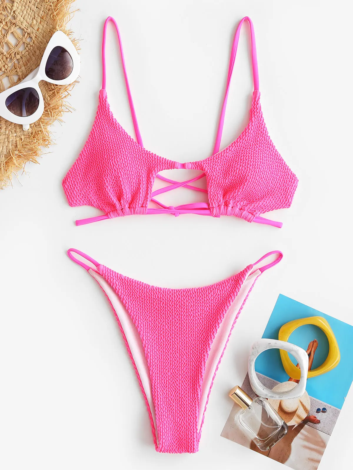 Zaful teksturowane wycięcie na ramiączkach strój kąpielowy bikini francuski krój w kształcie gwiazdy odpinane wyściełane damskie dwuczęściowe