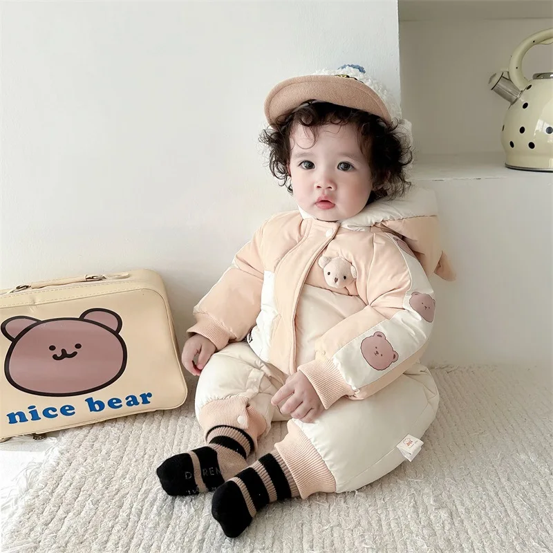 2024 Winter Baby Boys Bodysuits Cotton Padded Hooded Warm Infant Boys Snowsuit Cartoon Plus Velvet Thick Toddler Boys Overalls