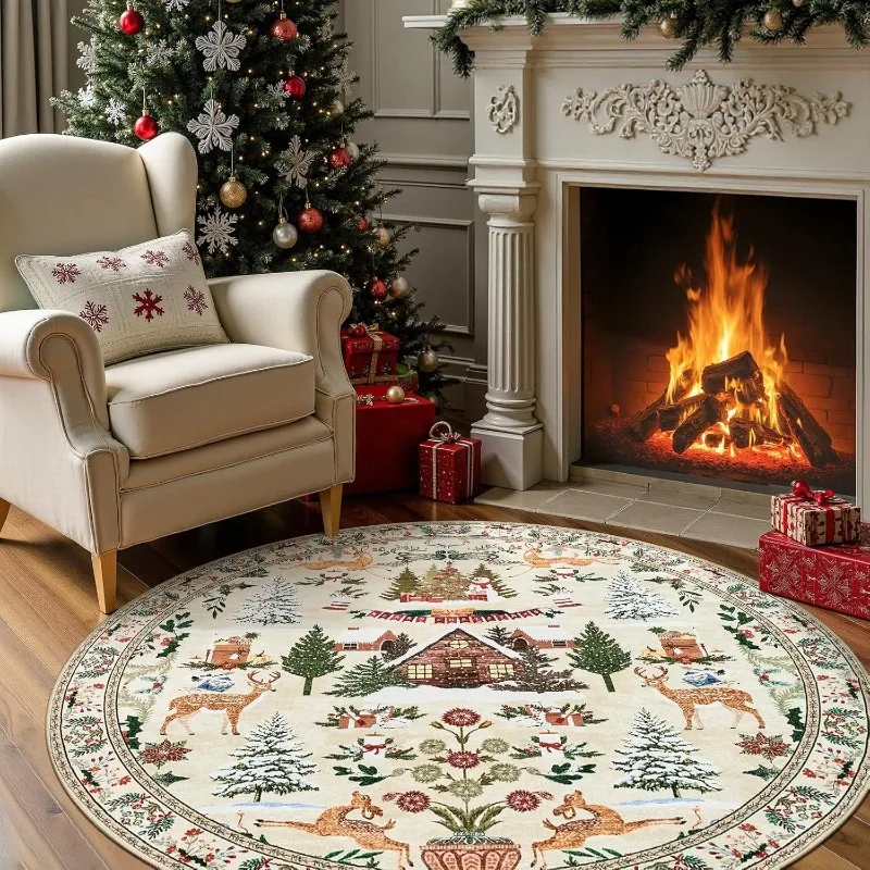 

Vintage Pastoral Living Room Carpet Christmas Art Floral Elk Bedroom Round Rug Machine Washable Non-Slip Cloakroom Mats 러그 Ковер