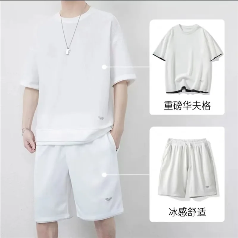 Waffle Shorts Set Men's Summer Short-sleeved Men's Clothing Set with Handsome Trendy Casual Sportswear