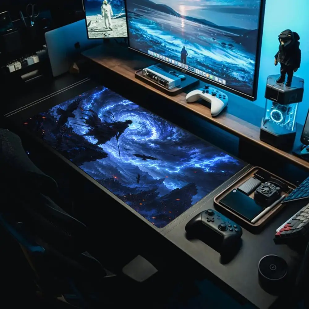 Anime Samurai Blue Lightning Katana Full Moon Fuji Mountain Large Extended Anti-Slip Gaming Mouse Pad Desk Mat
