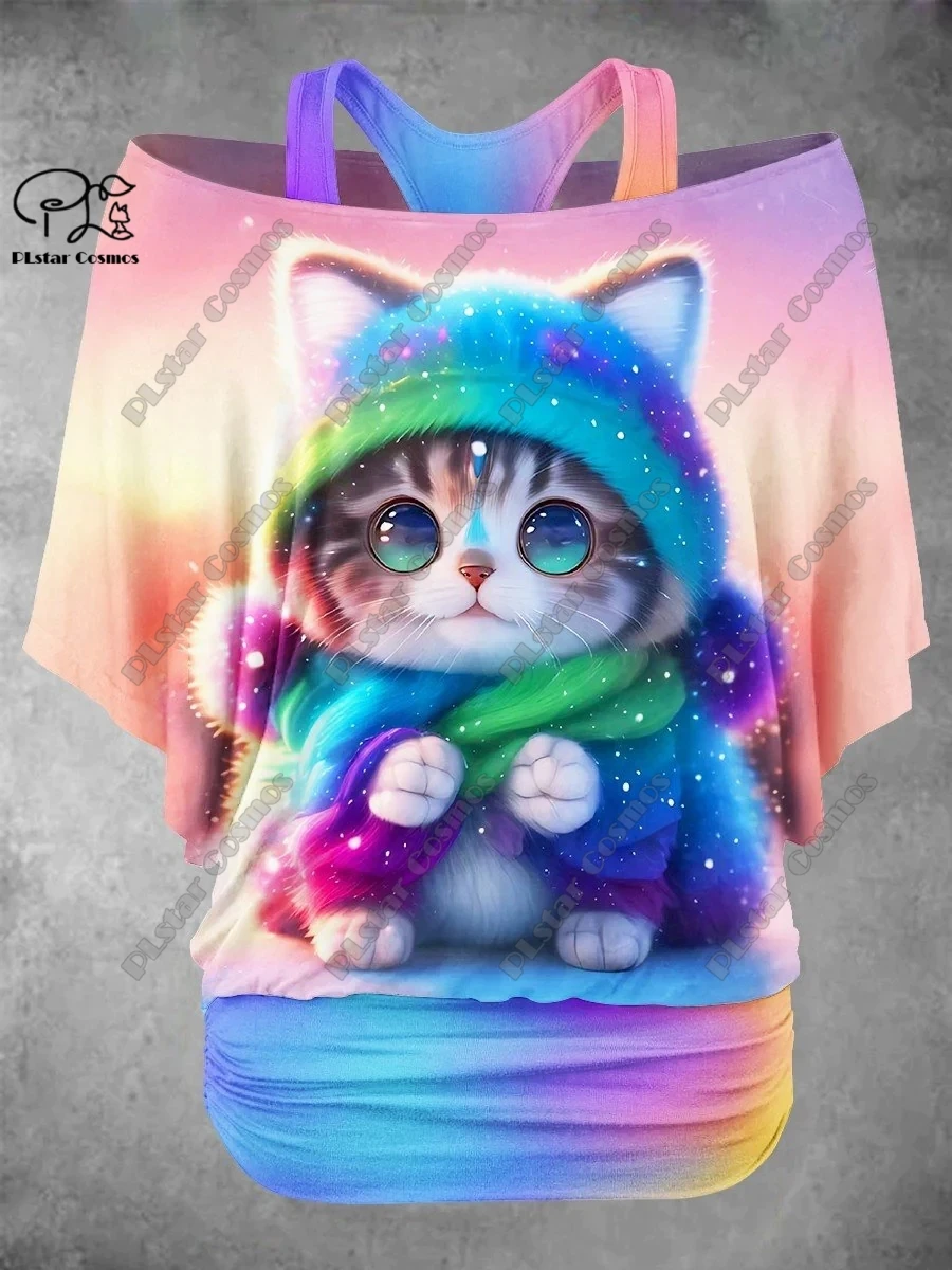 PLstar Cosmos 3D Printed Cute Kitten Pattern Fake Two-Piece Top Women\'s Casual T-Shirt Harajuku Streetwear M-1