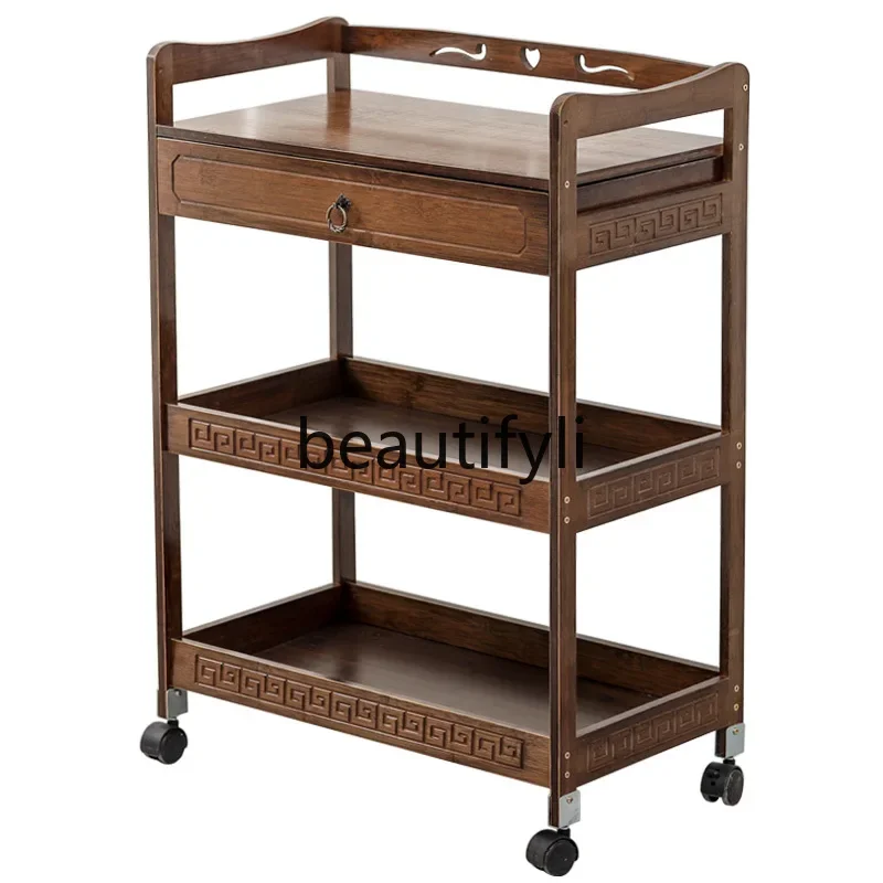 

Beauty trolley Shelf Tool cart Bamboo solid wood three-layer hair and nail salon locker