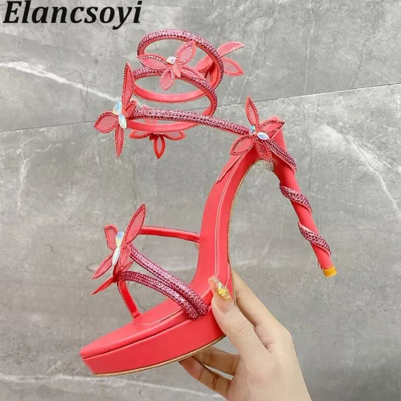 Sandals Women Shiny Crystal Bow Ankle Snake Shaped Winding Sandalias Summer Thin High Heels Gladiator Slipper Party Dress Shoes