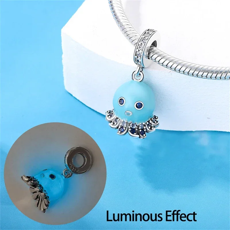 Sterling Silver 925 Ocean Series Turtle Octopus Charm Heart Luminous Beads Suitable for Original Bracelet DIY Jewelry for Women