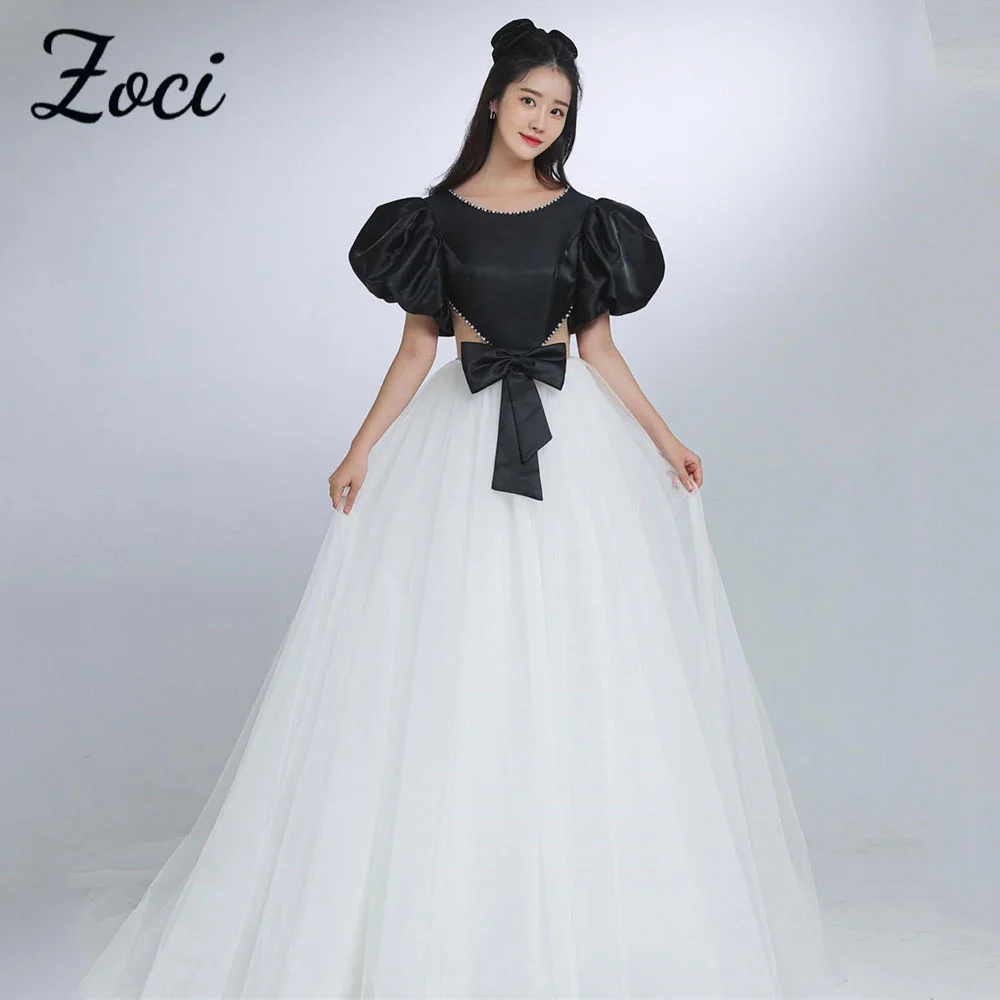 

Zoci Elegant O-Neck Korea A Line Wedding Dresses Beads Short Puff Sleeves Customized Photos Shoot Cut Out Bow Bridal Party Gown