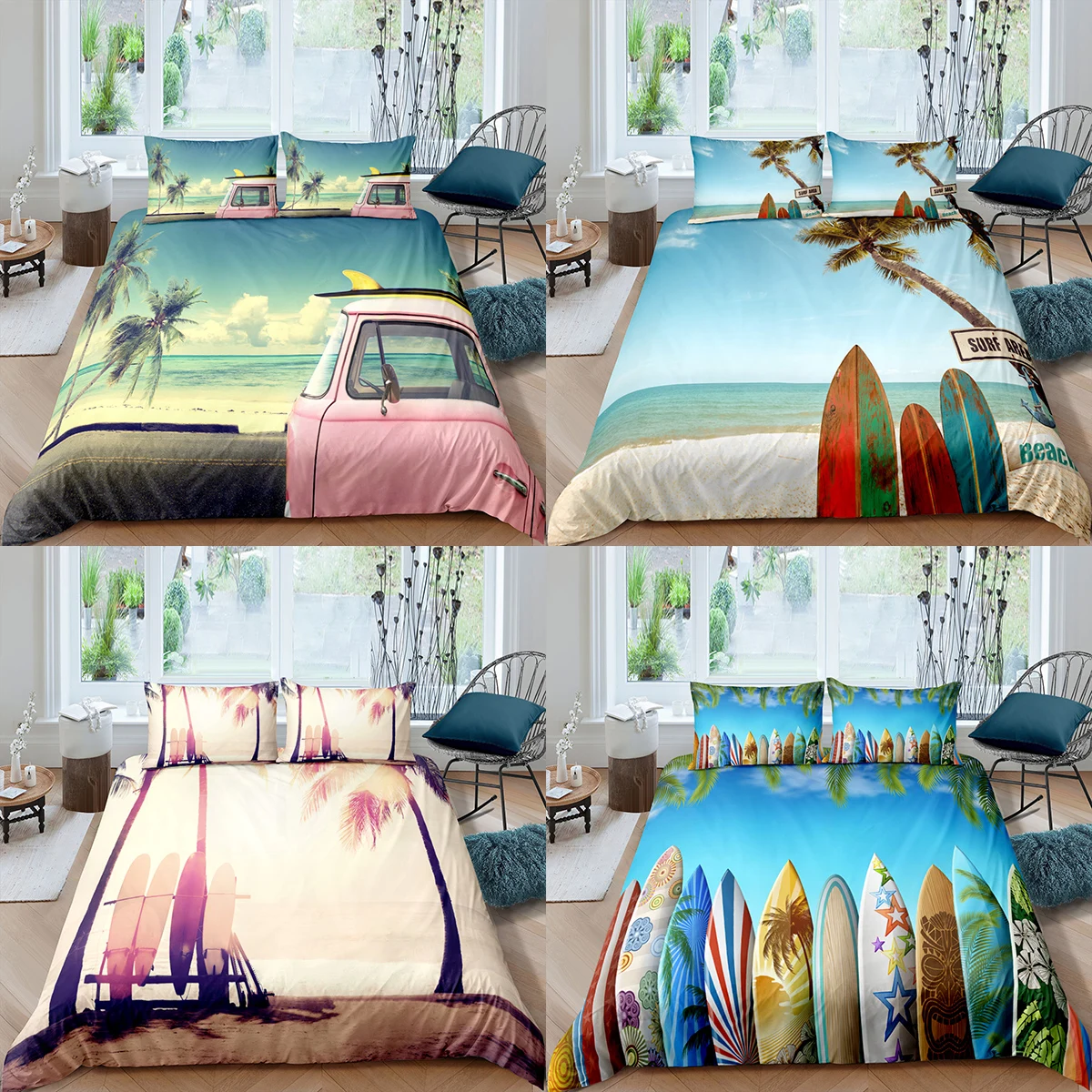 Home Textiles Luxury 3D Beach Surfboard Duvet Cover Set Pillowcase Kids Bedding Set AU/EU/UK/US Queen and King Size Bedding