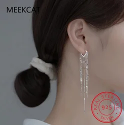 Real 925 Sterling Silver Long Tassel Sparkling Trendy Drop Earrings for Women Dangle Earrings Fine Jewelry Wedding Gift G7026