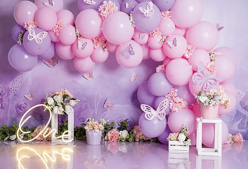 Mehofond Photography Background Purple Balloons Butterfly Wonderland Girl Birthday Party Cake Smash Decor Photo Backdrop Studio