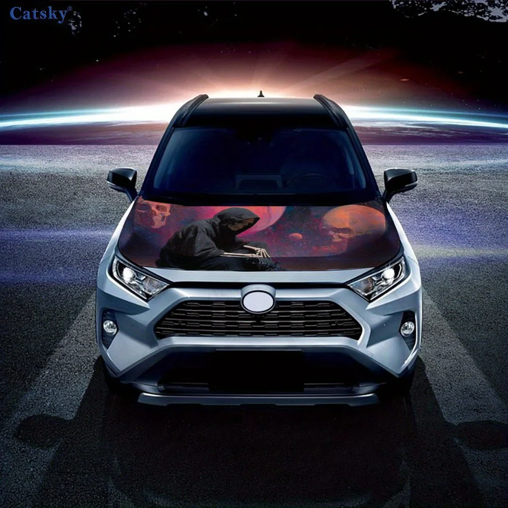 Naklejka na maskę samochodu z motywem magicznej planety szkieletów, wodoodporna naklejka samoprzylepna z PVC, dekoracja i ochrona maski samochodu.