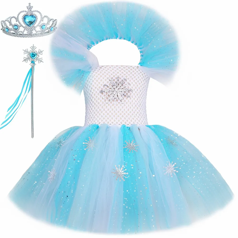 2024 Princess Skirt Girls\' Frozen Costume Sequin Snowflake Mesh Puff Skirt Children\'s Performance Costume