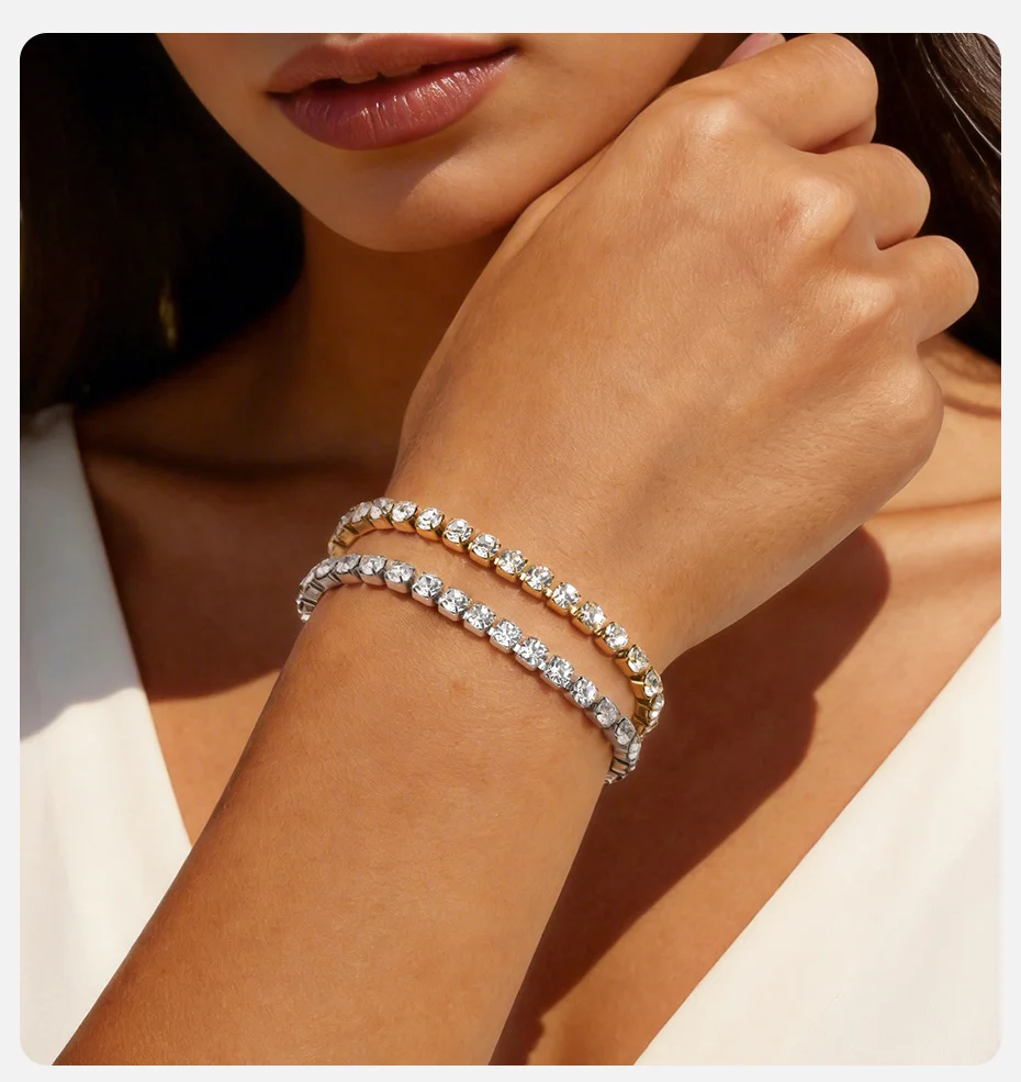 Vnox 4 mm breite weiße Zirkon-Tennisketten-Armbänder für Damen, 17/20/23 cm, silberfarben, goldfarben, Edelstahl-Armband, Schmuck, Geschenk – Detail 2