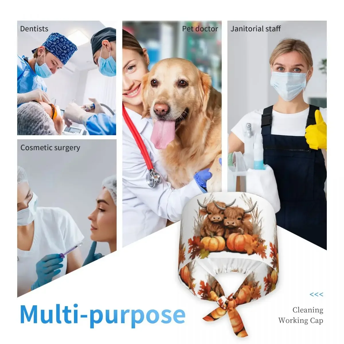 Highland Cow Calf Autumn Leaves (6) Scrub Hat Doctor Working Surgical Cap Men Women Adjustable Nursing Caps for Dentist - view 6