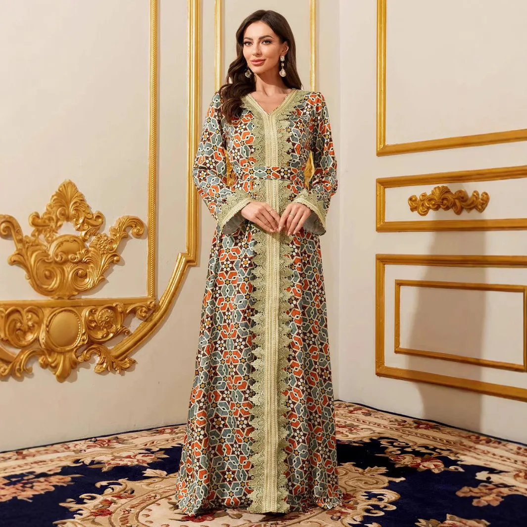 

Женское арабское Дубай Абая с принтом, модное женское длинное платье с кружевной отделкой, халат Абая Рамадан, Дубай, роскошный исламский элегантный