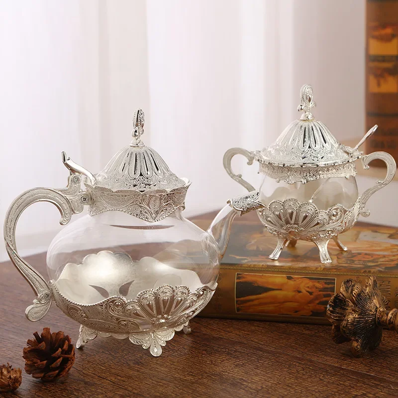 European-style elegant alloy glass coffee pot sugar cup exquisite hollow carved household pot cup ornaments