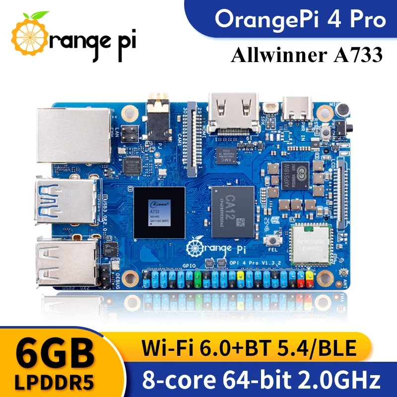 ToPESsOrange Pi 4 Pro 6GB LPDDR5 + Power Supply Development Board Allwinner A733 Chip 3Tops NPU Wi-Fi6.0+BT5.4 M.2 M-Key Slot