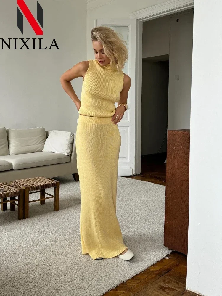 

New Spring Summer Women's Elegant Yellow Knitted Two-Piece Suit Long Fashion Skirt and Tops Set for Casual Formal Wear Clothing