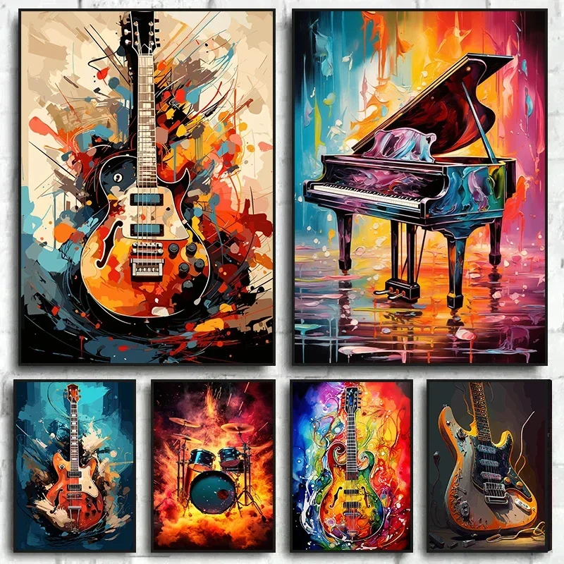 Abstract Colorful Art Musical Instruments Drum Kit Guitar Posters Prints Canvas Paintings Music Wall Art Picture Home Room Decor