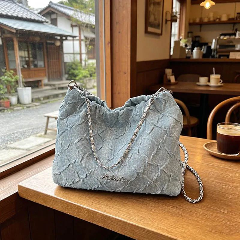 Ladies' Handbag 2026 Advanced Texture Chain Design Denim Bucket Bag New Fashionable Casual Shoulder Crossbody Bags