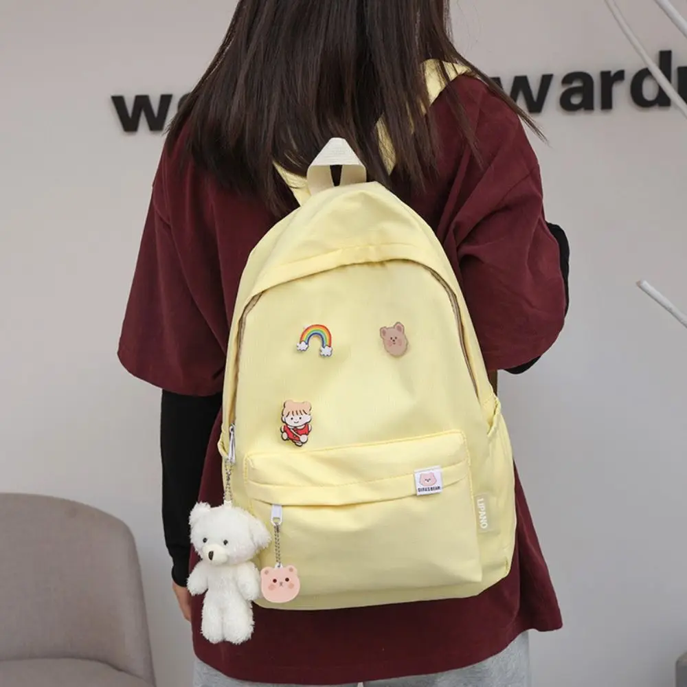 

Waterproof Students Backpack Simple Multi Pocket School Bag with Cartoon Pendant All Match Aesthetic