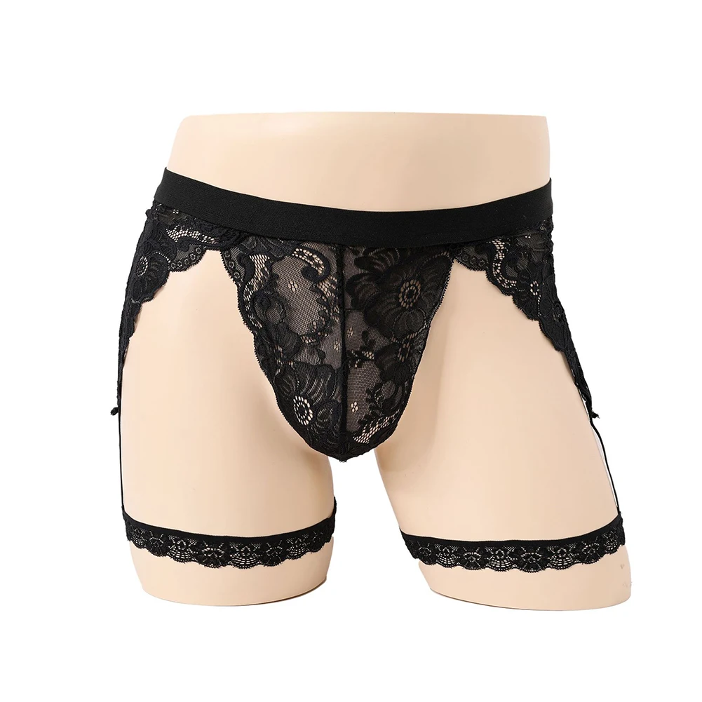 

Men Sexy Perspective Lace Thong Briefs Convex Pouch Sissy G-String Underpants Garters Belt Maid Underwear Erotic Lingerie