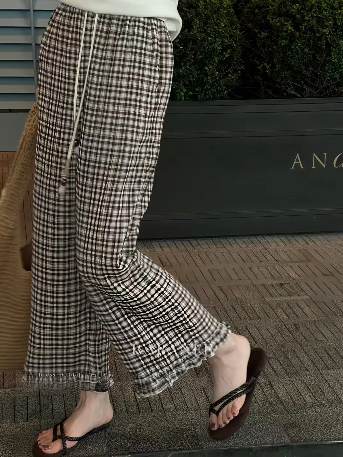 Spring Summer Plaid Lace Trim Straight Leg Pants Women's Nine Points Small Design Sense Casual Trousers Korean Style