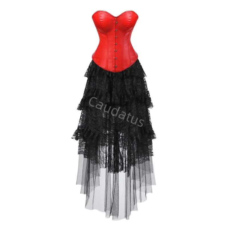 

Corset Dress Costume long skirt Set With leather Bustier Costume Party Sexy Steam Punk Ladies Outfit Plus Size Gothic Halloween