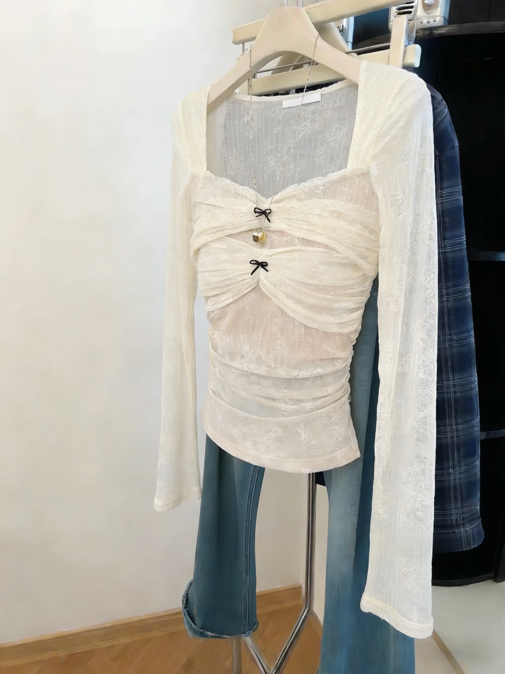 

Женская приталенная базовая кофта Pure Desire с длинным рукавом, квадратным вырезом и кружевом, весна-осень, повседневная, универсальная, облегающая.