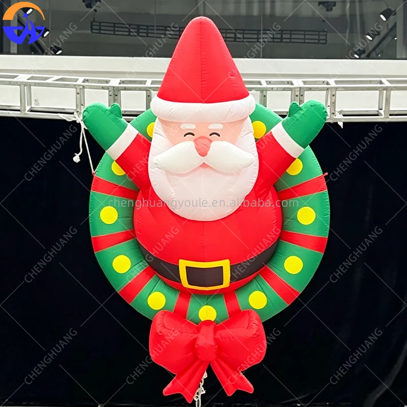 Giant Inflatable Wall Mounted Santa with Wreaths, Xmas Aerial Decor for Ceiling, Party & Event Display Prop