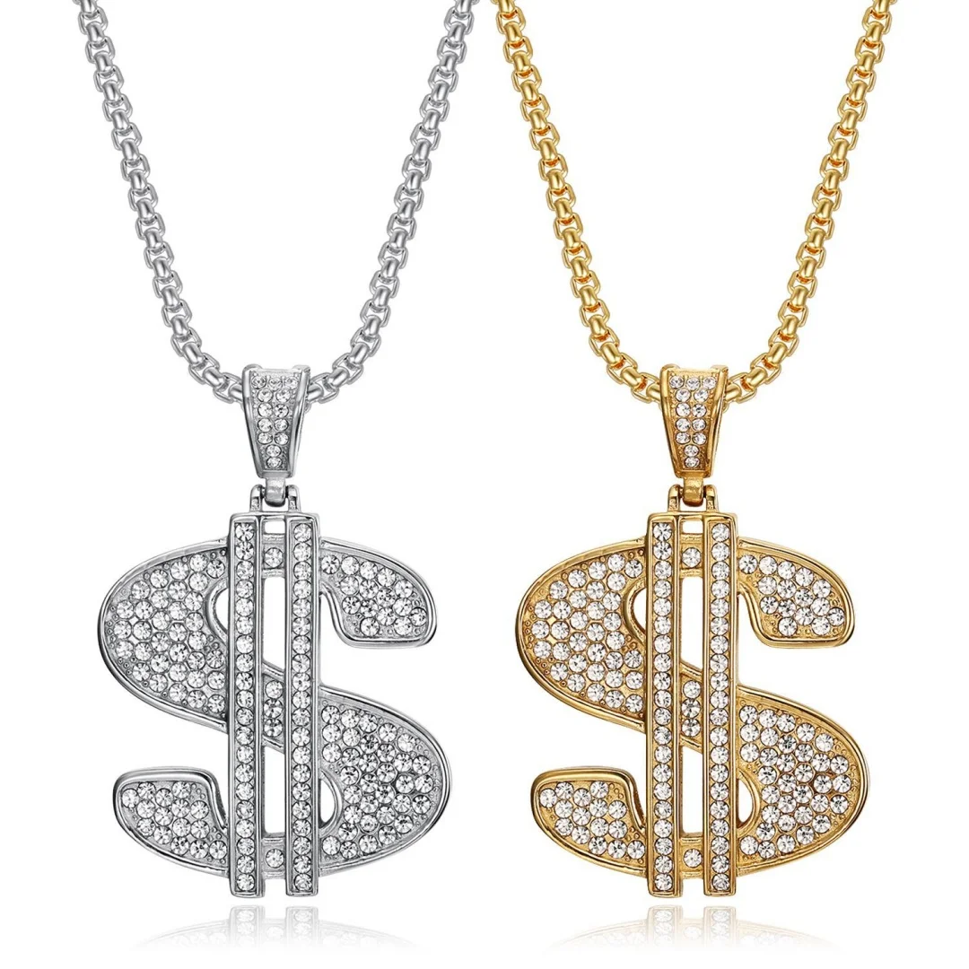 

Hip Hop Iced Out Big Dollar Signs Pendant Gold Silver Color Stainless Steel Zircon Rapper Necklace for Woman Man Hiphop Jewelry