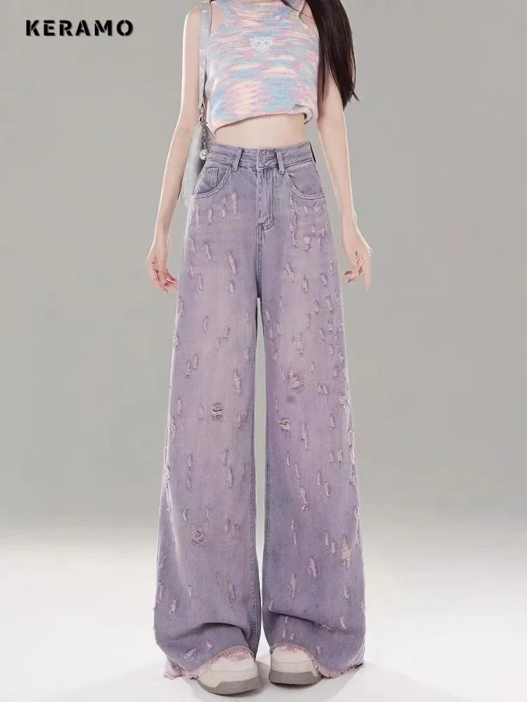 2024 Summer Women's Casual Style Elegant Jeans Vintage Purple Emo Loose Washed Pants Y2K Wide Leg Punk Baggy Denim Trouser