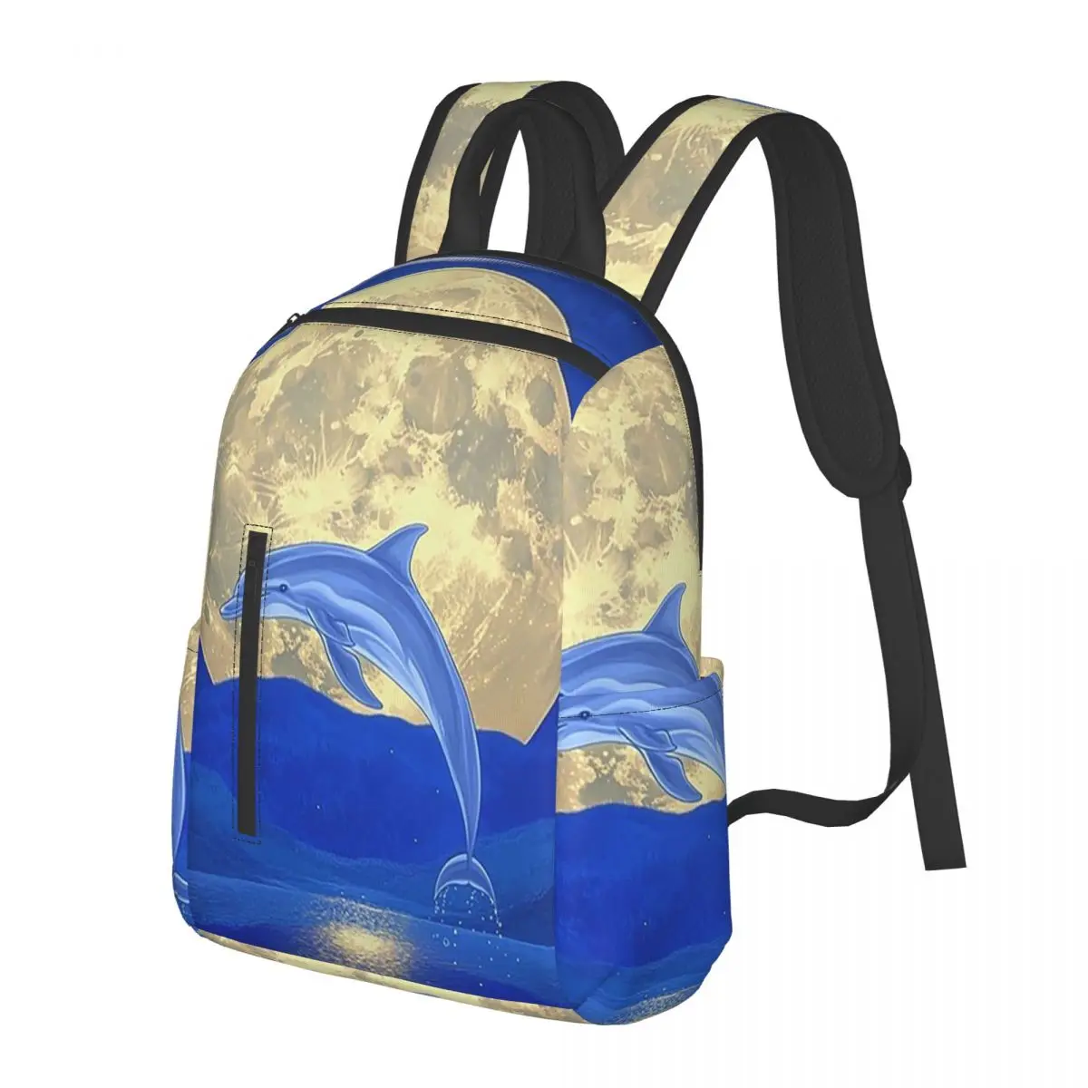 Dolphin Jumping Out Of Water And Full Moon Student Backpack School Bag Hiking Travel Daypack for Men Women Bookbag Shoulder Bags