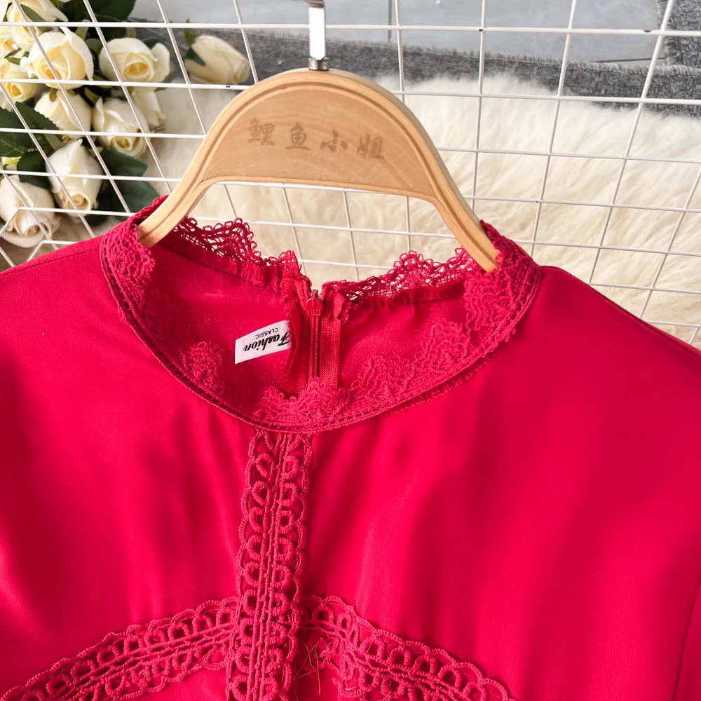 Vestido feminino de renda vintage plissado em camadas, chique moda a linha A, vestidos de manga longa, elegante, primavera, outono