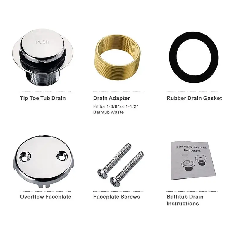 AEE3-Chrome Tip Toe Bathtub Tub Drain Conversion Kit Assembly, Tub Drain Trim Kit With Two Hole Overflow Faceplate