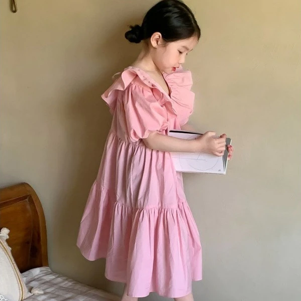 

Girls Dress Girls Pink Skirt 2024 Summer New Childrens Baby Foreign Style Korean Sweet Bubble Sleeve Princess Dress Tide