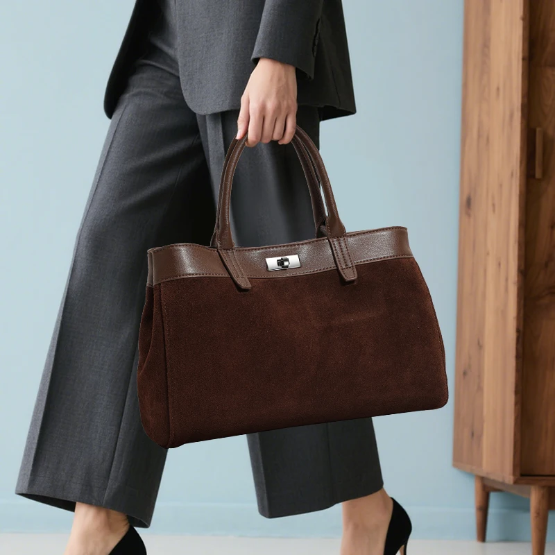Women's Suede & Leather Tote Bag, Top Handle Satchel with Silver Lock, Ladies Crossbody Bag Ideal for Work & Daily Use