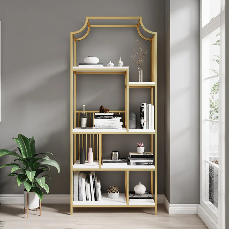 

Wrought iron shelves Nordic floor-to-ceiling multi-layer storage display shelves Living room simple bookshelves Gold partition