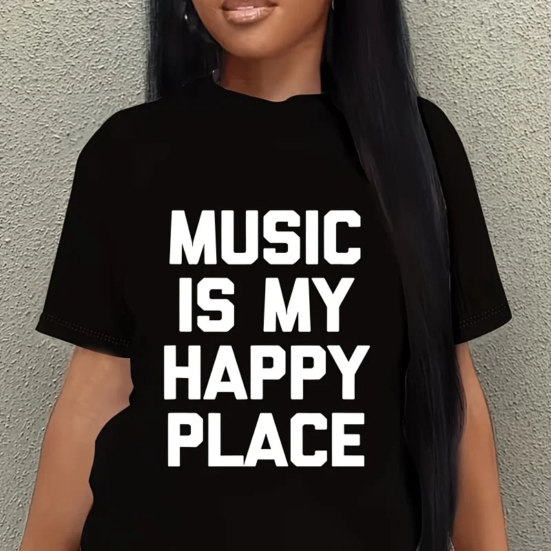 Music Is My Happy Place Funny Saying Sarcastic Music Women's Plus Size T-Shirt 100% Cotton 220g