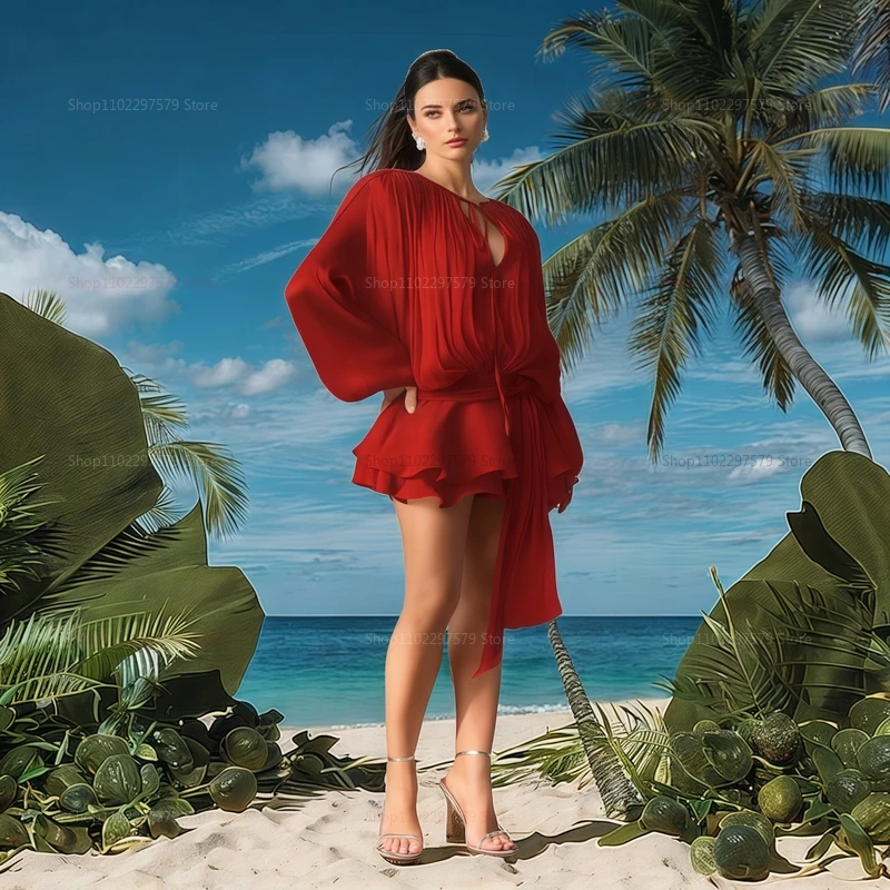 Женское модное трендовое плиссированное мини-платье Элегантная короткая юбка с рюшами и длинными рукавами с завязками на шее-фонарике Струящееся однотонное платье