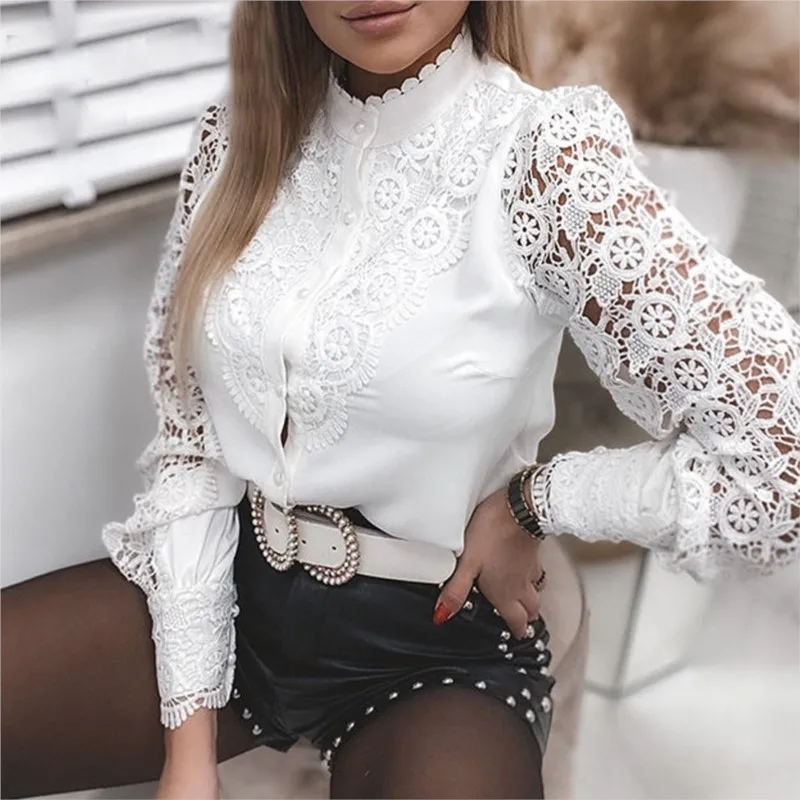 Elegant Women\'s Spring And Autumn Fashion White Lace Long Sleeve V-Neck Lace Hollow Out Shirt Women\'s Fashion Polo Office Shirt