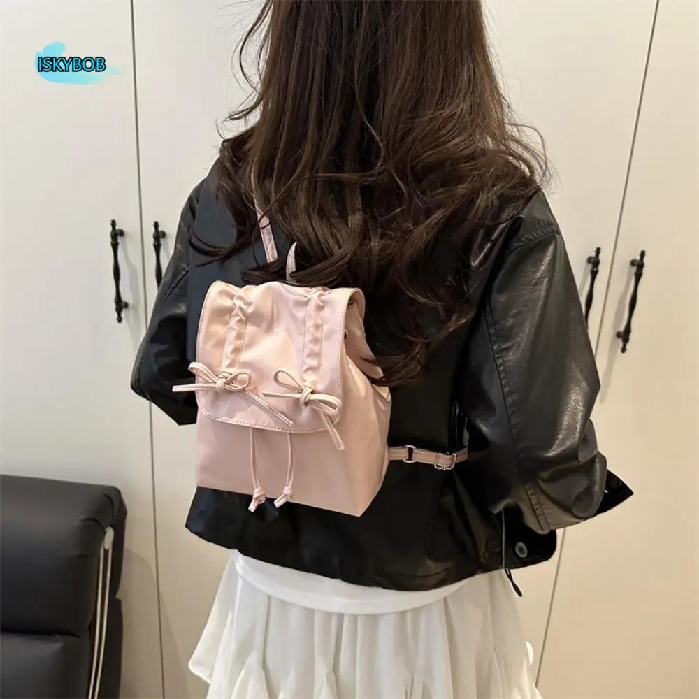 Zaino con fiocco dolce Y2k Zaino in pelle PU tinta unita Stile coreano Borsa da scuola per studenti di grande capacità Studenti